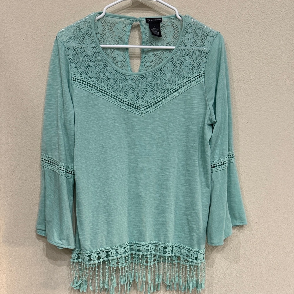 New Directions Teal Lace Fringe Blouse With Wide Sleeve Toward Hand Size M